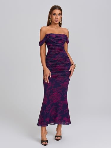Image of KUTUMAI Off The Shoulder Maxi Long Dress Corset Ruched Bodycon Cocktail Formal Wedding Guest Dresses for Women