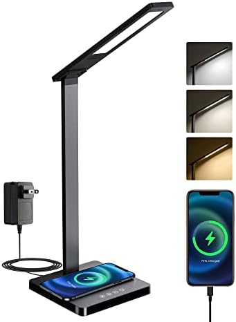 Flymuda LED Desk Lamp with 15W Wireless Charger & USB Charging Port, EyeCare Desk Light with 3 Lighting Modes, 5 Brightness Levels, Touch Control, 24W Adapter, Black Desk Lamp for Home Office