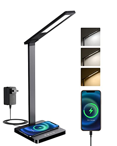 Flymuda Led Desk Lamp With 15W Wireless Charger & Usb Charging Port, Eyecare Desk Light With 3 Lighting Modes, 5 Brightness Levels, Touch Control, 24W Adapter, Black Desk Lamp For Home Office #TOP2