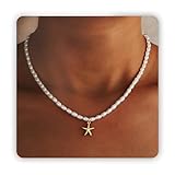 Sereney Starfish Necklace for Women with Gold Seashell Charm Pearl Necklace for Her, Dainty Summer Beach Necklace as Sea Shell Jewelry Pearl Choker Necklace for Daughter Friend Sister Bridal Jewelry