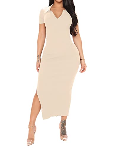 Women's Casual Basic Ribbed Knit Long Dress Solid Short Sleeve V Neck Bodycon Maxi Dresses Beige S #TOP26