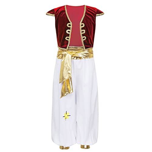 ranrann Disfraz de Príncipe Aladino para Niño Cosplay Traje de Príncipe Árabe Chaleco con Pantalones Largos Dress Up para Halloween Carnaval A Rojo 10-12 años