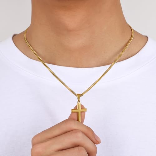 Image of Fiusem Silver Tone /Black /14K Gold Plated Cross Necklace for Men, Beveled Edge Pandent Mens Necklace, 3.5MM Stainless Steel Cuban Chain, 16-24 Inches Jewelry Gifts
