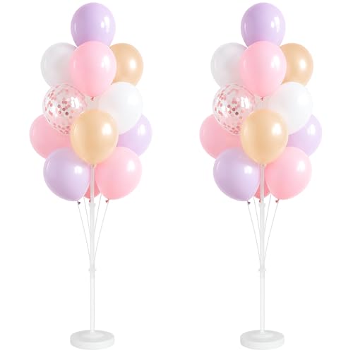 Image of Balloon Column Kit Set of 2,Anti-Tip Sand-Fill Base Balloon Tower Stand with 10 inch 26pc pink purple Confetti Balloons,Height Adjustable for Easter Birthday Wedding Bridal Party Decorations