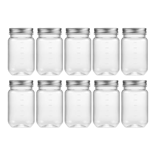 novelinks 16 oz Clear Plastic Jars with Screw-On Lids - BPA-Free Refillable Storage Containers for Slime, Food, Crafts, Kitchen & Household Use (10 Pack,Silver)