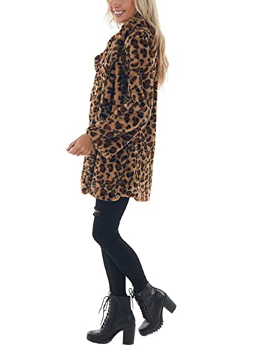 Omoone Women's Faux Fur Jackets Autumn Winter Leopard Coats Loose Fur Coat with Pockets(3361-Brown-S)