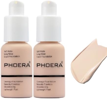 2 Pack Matte Oil Control Concealer Foundation Cream,PHOERA New 30ml Long Lasting Waterproof Matte Liquid Foundation (101 Porcelain)