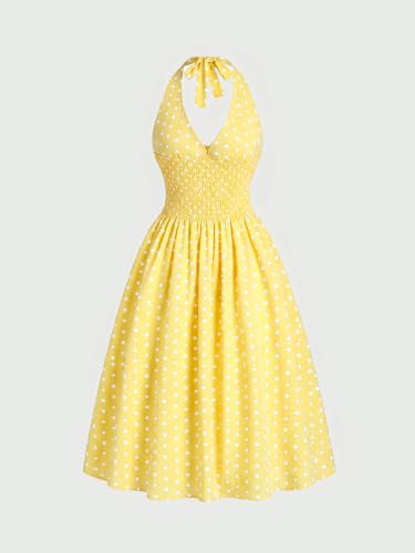 Image of Aahwan Polka Dots Halter Long Dress Backless A Line Flared Vintage Party Club Dresses for Women's & Girl's