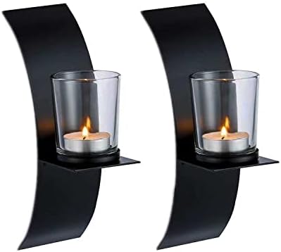 M-bay 2 Pcs Black Iron Modern Art Wall Candle Sconces Set , Arc Shape Wall-Mounted Candle Holder with Glass Cup for Home Wedding Living Room Decoration, Black (CH2019)