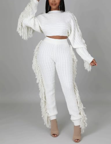 Image of KANSOON 2 Piece Sweater Set for Women Cable Knit Fringe Crop Top and Pants | Cozy feel, ribbed high waist, comfortable stretch fit for birthday and chilly going-out outfits