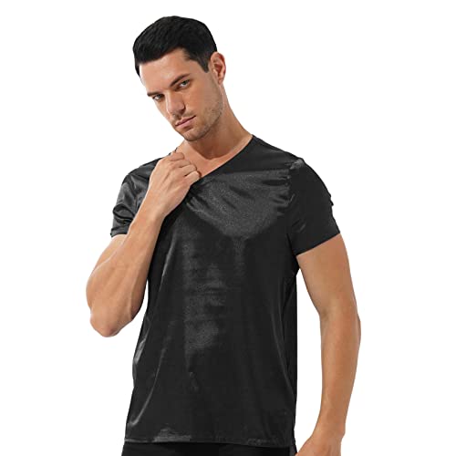 Mens Satin Sleep Shirt Pajamas Short Sleeve Silk V-Neck Casual T-Shirt Tee Blouse Nightwear3