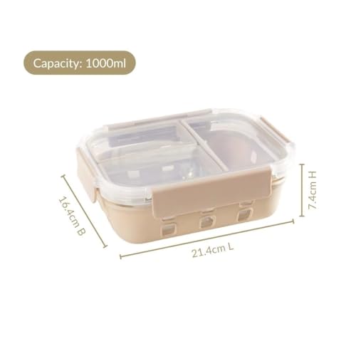 Image of Nestasia Glass Lunch Box with Silicone Sleeve (1000ml) - Borosilicate Glass Lunch Box with 3 Compartments for Office | Microwave & Freezer Safe, Leak-Proof Tiffin Box with Clip Locks (Beige)