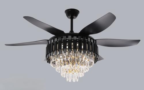 Image of Glowave 52 Inch Black Gold Crystal Chandelier Fan 3 Colors Light Speed Setting 6 Fan Blades Remote Control Ceiling Fan for Kitchen, Cafes, Hotels, Dining, Bar (Cottage)
