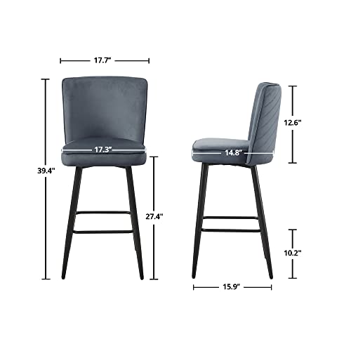 Cozy Castle Velvet Bar Stool Set Of 2, 26-Inch Modern Counter Stools With Metal Frame, Tufted Back Stool Chair For Kitchen Counter, Dining Room, Grey #TOP1
