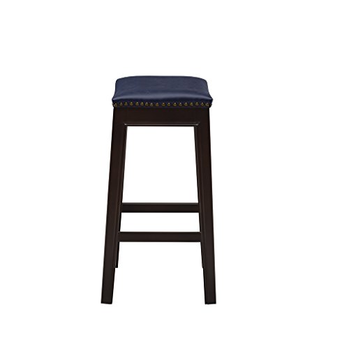Madison Park Belfast Bar Stools, Contour Faux Leather Padded Seat, Nail Head Trim Modern Kitchen Counter Chair, Solid Hardwood, Kickplate Footrest, Dining Room Accent Furniture, Navy #TOP3
