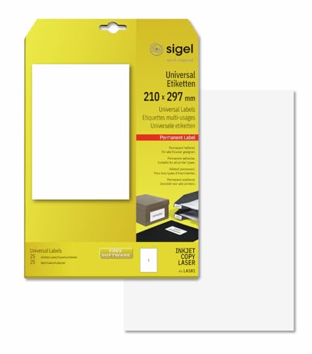 SIGEL LA181 Universal-Etiketten selbstklebend, bedruckbar, weiß, 210 x 297 mm (A4), 25 Etiketten = 25 Blatt