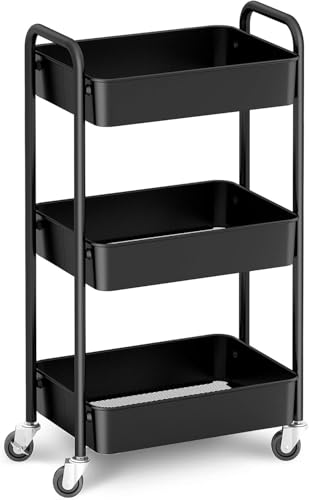 Image of KRISHYAM 3 Tier Metal Rolling Cart with Wheels, Rolling Utility Cart Storage Organizer with Hooks, Easy Assemble for Kitchen, Bathroom, Living Room, Office, Nursery, Garage (3-Layer Square)