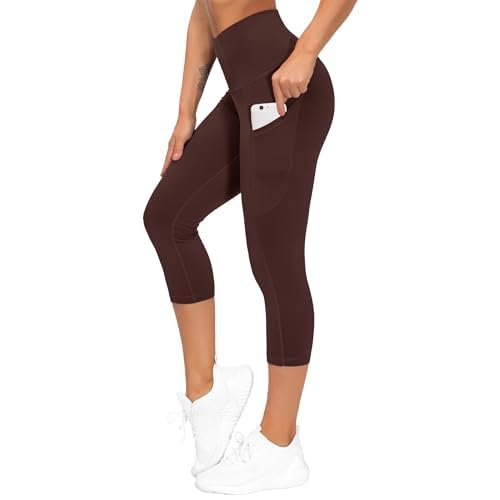 THE GYM PEOPLE Thick High Waist Capris Yoga Pants with Pockets, Tummy Control Workout Running Yoga Leggings for Women Red Brown X-Large