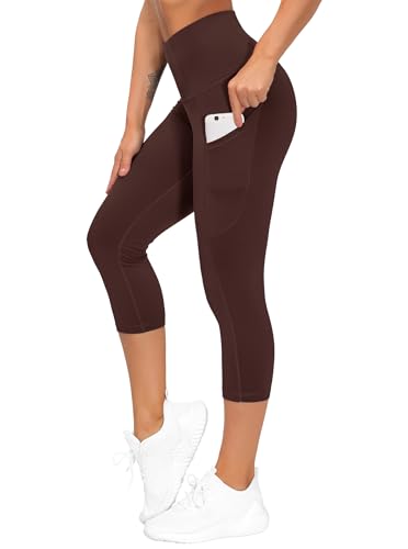 Image of THE GYM PEOPLE Thick High Waist Capris Yoga Pants with Pockets, Tummy Control Workout Running Yoga Leggings for Women