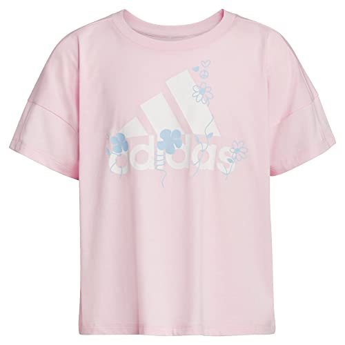 adidas Girls' Big Short Sleeve Tee T-Shirt, Pink Blue Print, Medium