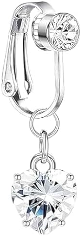- Fake Belly Button Ring, Silver Clip On Non Piercing Navel Jewelry with CZ Crystal Heart Dangle, 1 Piece