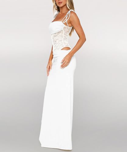 Image of Women Sexy Lace Patchwork Maxi Dress Spaghetti Straps Y2K Sheer Long Bodycon Club Cocktail Long Dresses