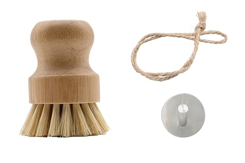 Image of Bamboo Dish Brush, Kitchen Dish Brush Set for Cleaning Dishes, Sinks, Cast Iron Pots /Woks and Vegetables, Sisal Bristles and Bamboo Grip - 1 Piece + Hook Set(Plam Brush Hook)