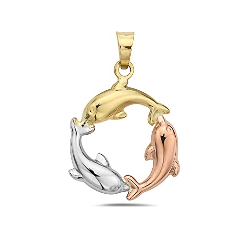 Pori Jewelers 14K Three Toned Yellow Rose And Silver Dolphin Circle Delicate Pendant Fine Jewelry Best Gift For Women Girls Kids Teens (23) #TOP14