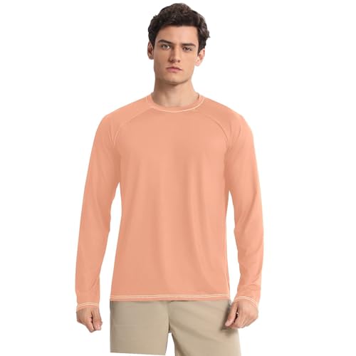 Bulletgxll Peach Color Men's Sun Protection Shirts UPF 50+ Long Sleeve UV Rash Guard Quick Dry Swim Shirts