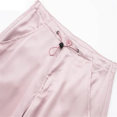 Women Satin Summer Pocket Long Trousers Straight Casual Cargo Pants3
