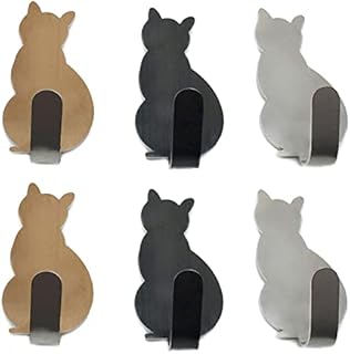 Cute Self Adhesive Key Hook - Pack of 6 Small Cat Stainless Steel Towel Hooks Stick On Door Hook Decorative Wall Hook for Home, Kitchen, Bathroom, Office Storage, No Nails