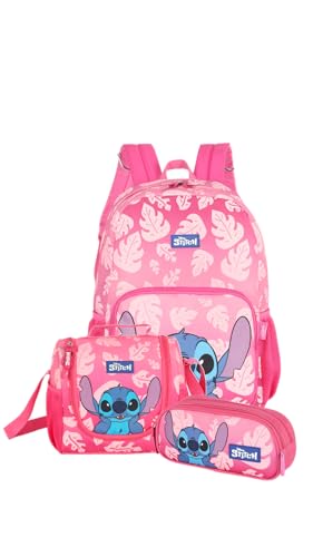 Mochila Escolar Laptop Stitch + Lancheira + Estojo (Rosa)