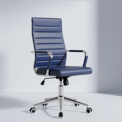 Okeysen Navy Blue Office Desk Chair, Ergonomic Leather Modern Conference Room Chairs, Executive Ribbed Height Adjustable Swivel Rolling Chair for Home Office.