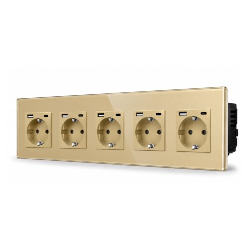 Toma de corriente de cinco veces en oro con USB A+C de 20W y acabado en cristal elegante