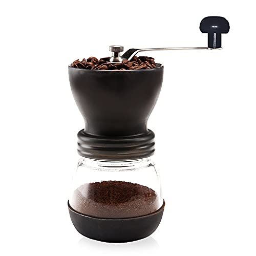 ANCLLO Molinillo de Café Manual, De Acero Inoxidable de 12 onzas (350 ml) con rebabas de cerámica, negro, con mango de acero inoxidable y cala de silicio para Hogar, la Oficina o los Viajes