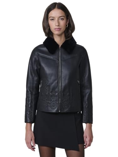 Koroshi Chaqueta cazadora mujer doble faz efecto piel bordados étnico y pelo, de color black, Talla S