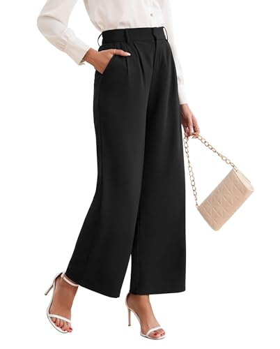 TASAMO Women's High Waist Wide Leg Dress Pants Business Casual Work Attire with Adjustable Elastic Waist and Ankle Length Straight Leg Side Pockets Trousers for Office Black