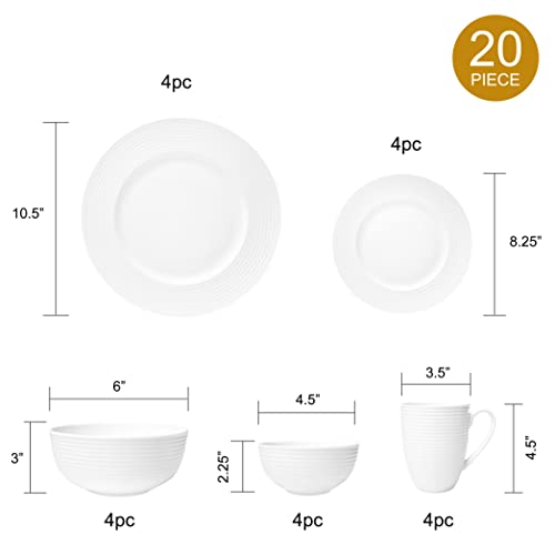 Bone China 20 Piece Dinnerware Dish Set, Service For 4, White Embossed Circle, Microwave Safe, Translucent, Elegant Giftware, Essential Home, Formal And Everyday Living, Kitchen Dishes, Dinner Set #TOP1