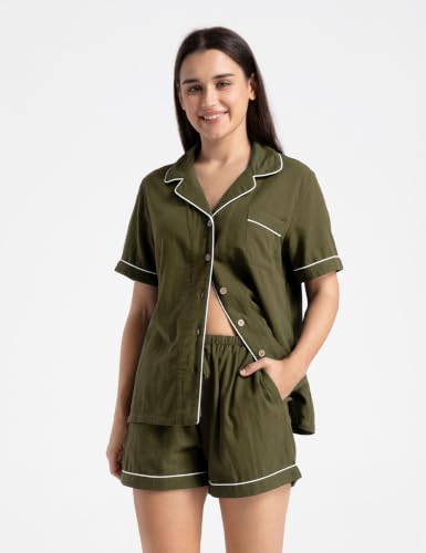 Image of Womens Muslin Pajama Sets 100% Cotton Double Gauze Linen Like Short Pjs | Breathable Soft Comfort Button Up Loungewear Sleepwear PJ Set
