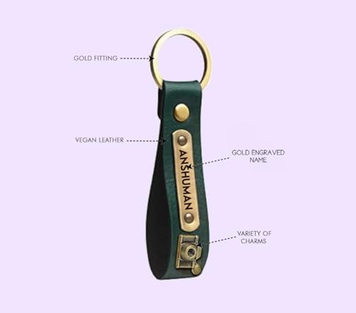 Image of Men's Leather Keychain Name Leather Keychains for Mens | Personalized Keychains with Printed Customized Keychain for Men | Customised Gift Set for Men with Name & Charm, Green