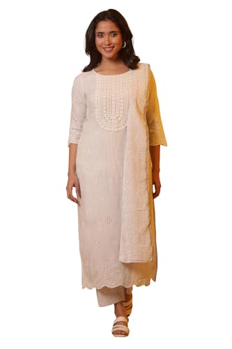 Image of Aurelia Women Off White Embroidered Viscose Kurta Set with Trousers & Dupatta