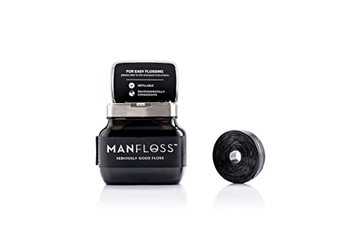 Manfloss Refillable Dispenser with 2 x 54 Yard Roll of Black Dental Floss Tape – Easy, Comfortable, Fun & Effective Flossing, PFAS-Free, Vegan-Friendly, Fresh Mint Flavour. Seriously Good Floss