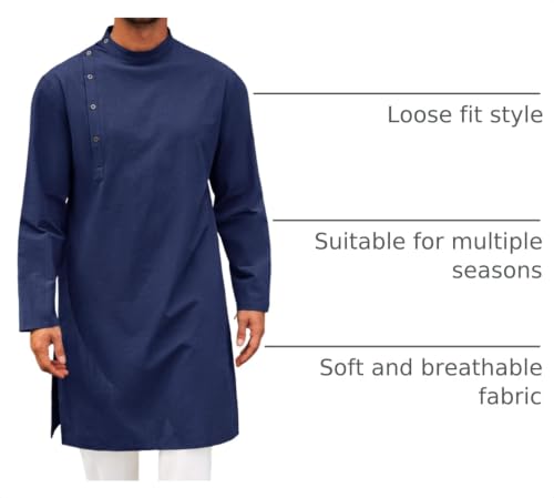 Image of Runcati Mens Kaftan Thobe Robe Long Sleeve Cotton Henley Shirt Casual Muslim Gown Salwar Kurta