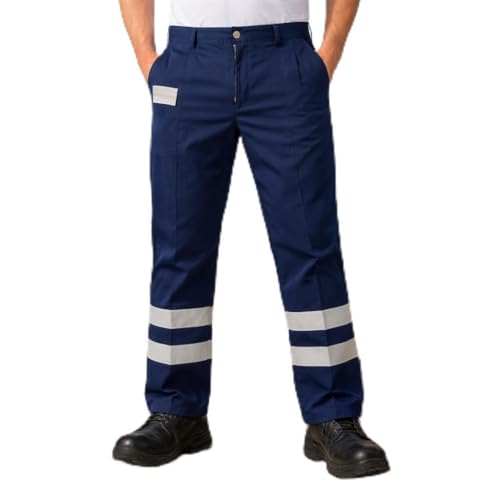 BURAKH Men’s Hi-Vis Work Trousers Navy, High Visibility Safety Pants with Reflective Stripes, Durable Workwear Size 34 Regular (Navy)