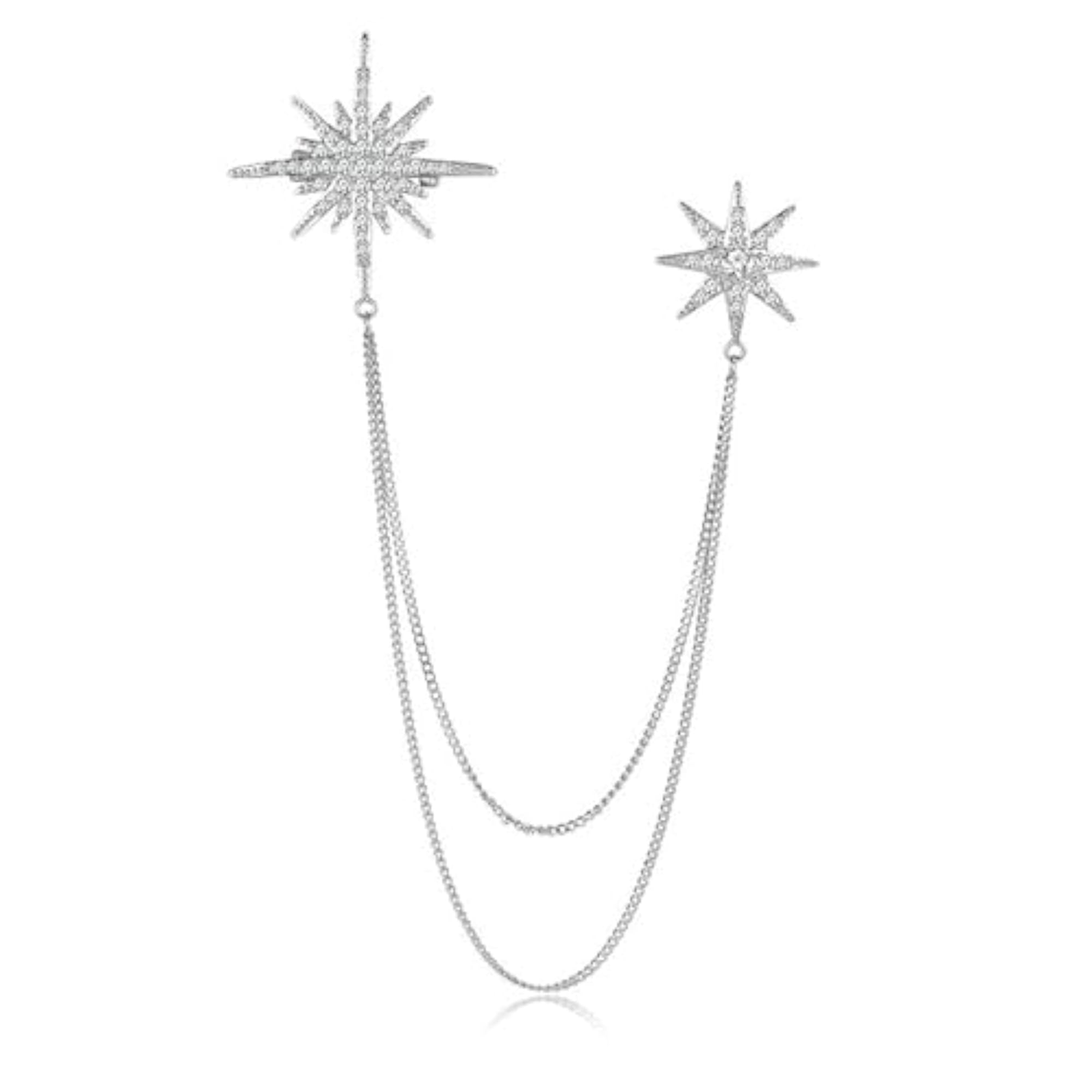 Cubic Zirconia Star Double Chain Pin Brooch for Men, Stylish Gift