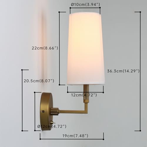 Image of Brass Wall Sconces Set of Two, Hardwired White Fabric Shade Wall Lamps, Bathroom Vanity Lights Fixture with Switch, Indoor Wall Lights for Bedroom Living Room Corridor