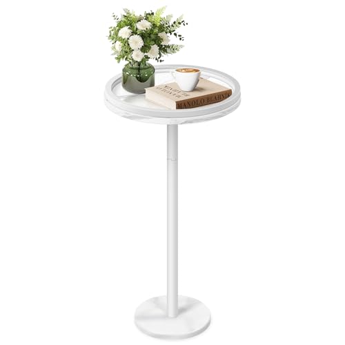 Nandae Round Side Tables for Living Room, Small Drink Table with Raised Edge,coffee table with Marble Pattern Top & Base, Vintage Marble End Table for Bedside, Sofa, Accent White
