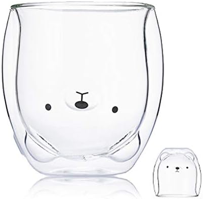 Bear Mug Cute Mugs Glass Double Wall Insulated Glass Espresso Cup, Kawaii Cup, Coffee Cup, Tea Cup, Milk Cup, Best Gift for Women Office and Personal Birthday Christmas (Bear)
