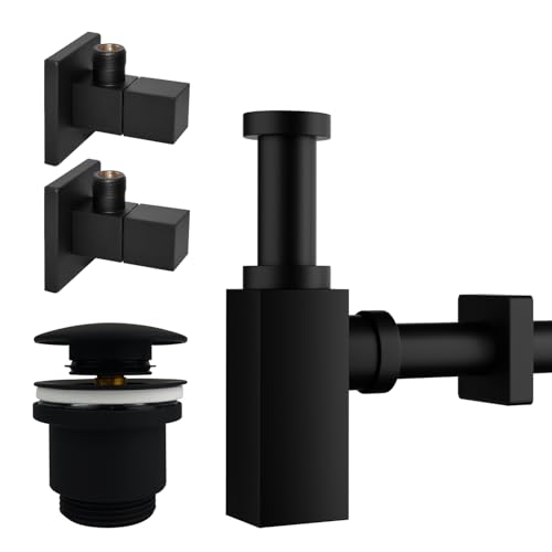 kör4u Juego de sifón de 1 1/4' x 32 mm, válvula emergente y 2 válvulas angulares, válvula de desagüe con juntas, para lavabo, color negro