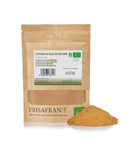 Frisafran | Lecitina de soja en polvo 200g | lecitina de soja Bio | Sin GMO | 100% Natural | Fosfolípidos | Apto para Veganos | Sin Gluten | soja polvo | harina de soja | Dieta vegana